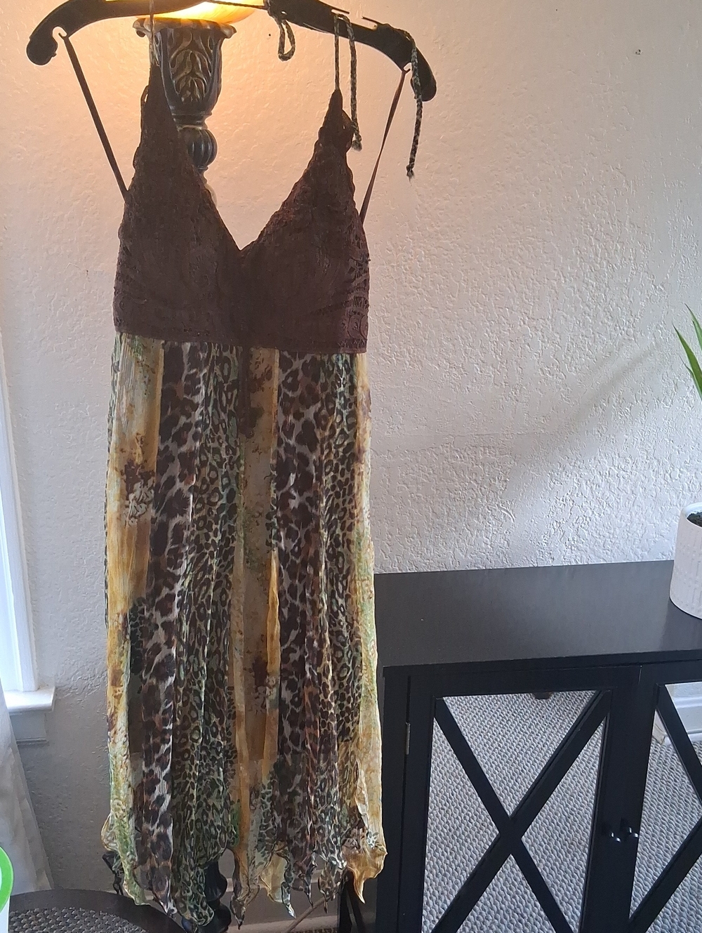 Sue Wong Brown Lace Bodice Leopard-Print Maxi Dress with Yellow Accents